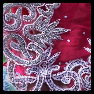 Coral red cut out Saree with pearl work